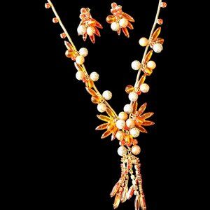 Vintage D and E Juliana Orange Rhinestone and Bead Dangle Necklace & Earring Set